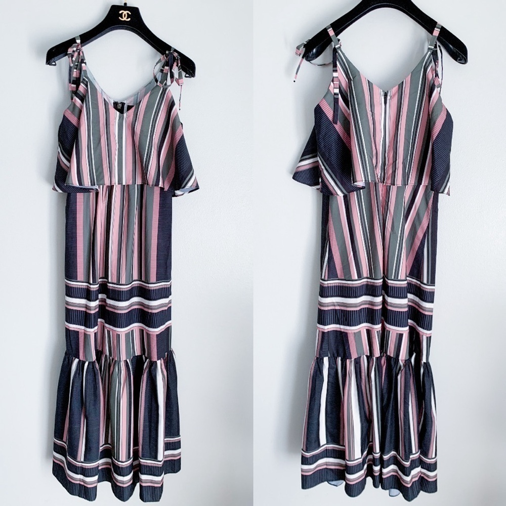 MOSSMAN SUNSET AMOR MAXI DRESS striped ruffle tie strap size 2